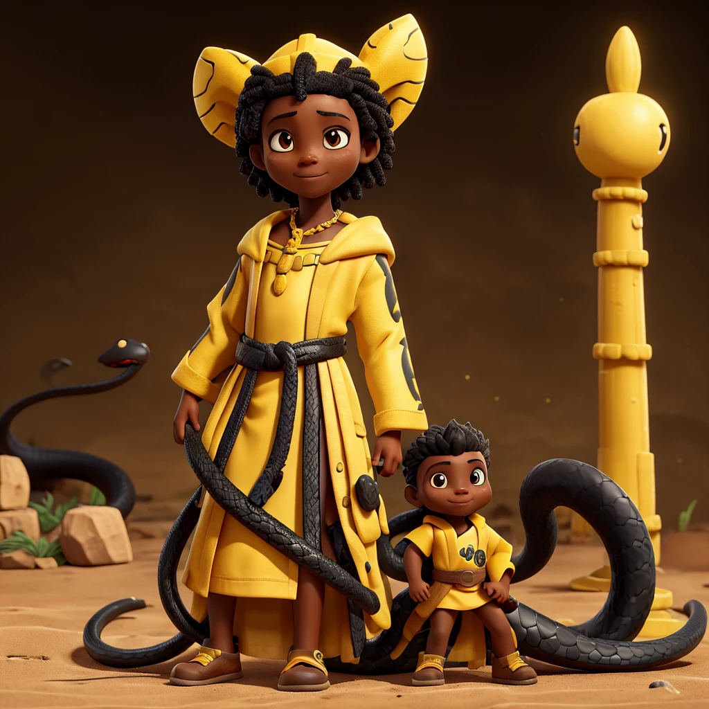 African warrior in yellow and black robes next to a yellow and black snake.  The background has a rainbow 