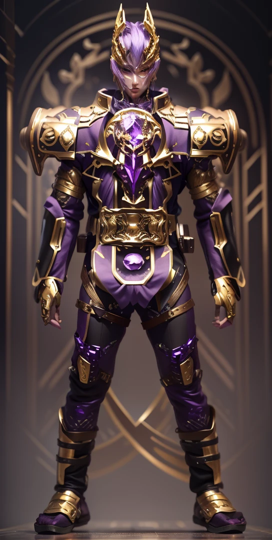 The overall color is a mixture of gold and purple,There are many gorgeous carvings all over the body,Let them coexist,This can also be done around the eyes. The entire surface should be transparent purple and gold,There are no other colors.,Does not contain any other colors.,Amethyst and gold are both crystals,There should be a lot of crystal effects like crystal,Add some gold thread for decoration。The color changes to purple and gold,Some purple and gold(Ensure its layering and armor texture,Purple is the main color,Add some gold for decoration)