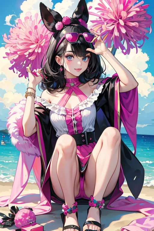 Dollmatian is a girl dalmatian with black hair. She has blue eyes and black sunglasses with pink lens. She has magenta sandals with pom-poms and fuchsia fluffy shawl. SPARKLE; GLITTER
