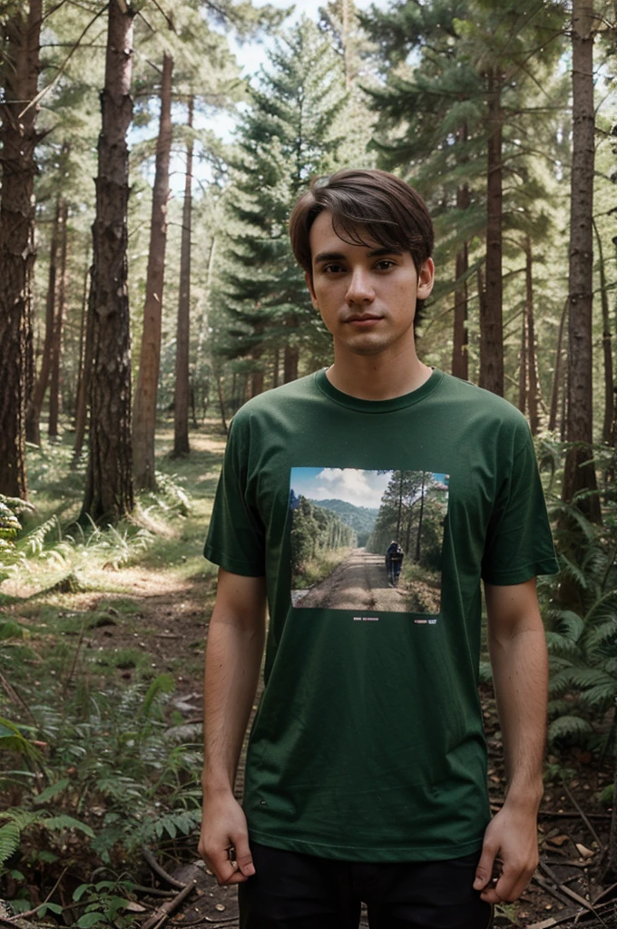 A 24 year old man took a photo in the forest wearing a 4D trabas t-shirt