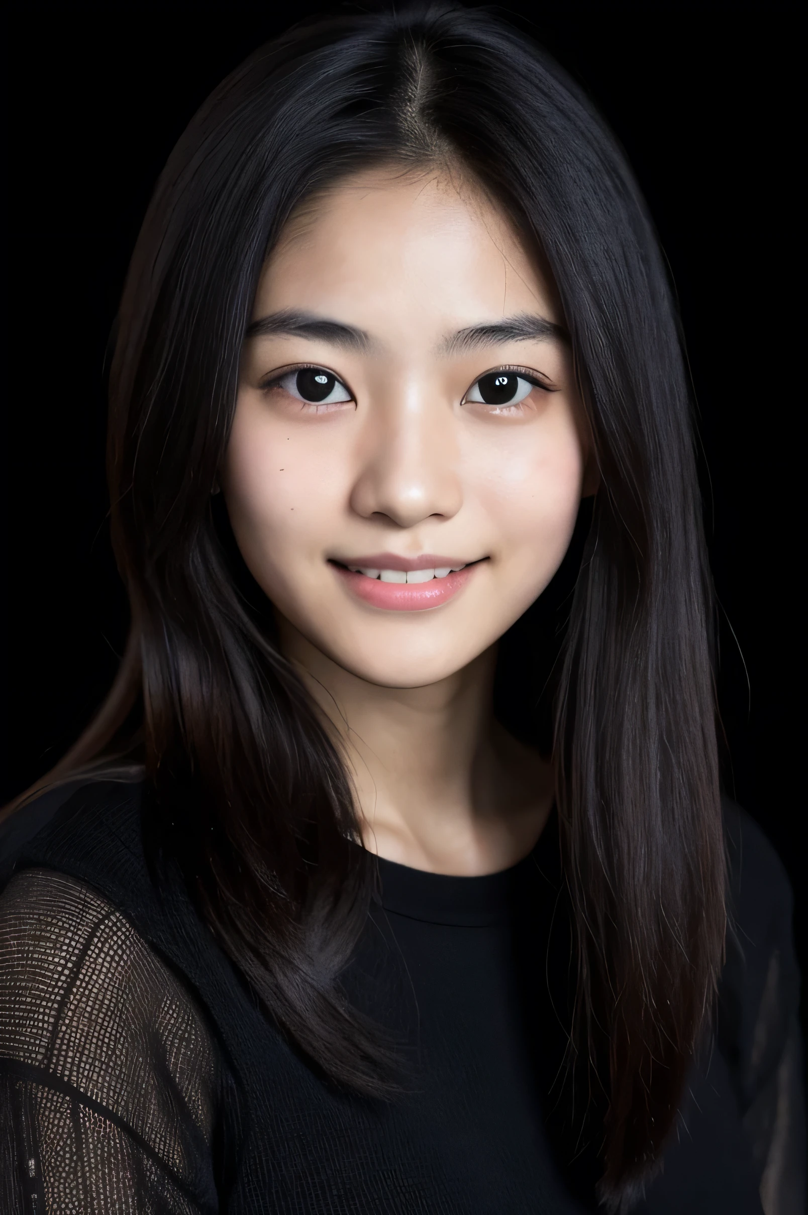 face perfect, beautiful face of a Japanese woman smiling , , with black background, with lights on your face