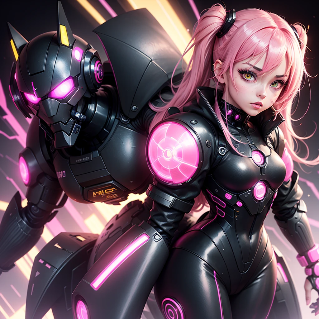 Robot Girl Android Sad Woman Beautiful sexy girl with yellow eyes Cyborg stands half-turn sideways Sadness Anime Style black background mechanical girl in a pink suit with small yellow elements, Cyberpunk robot costumes pink hair , fur girl half cyborg, Sexy thighs, black background image night black city on the background pink neon lights on the background