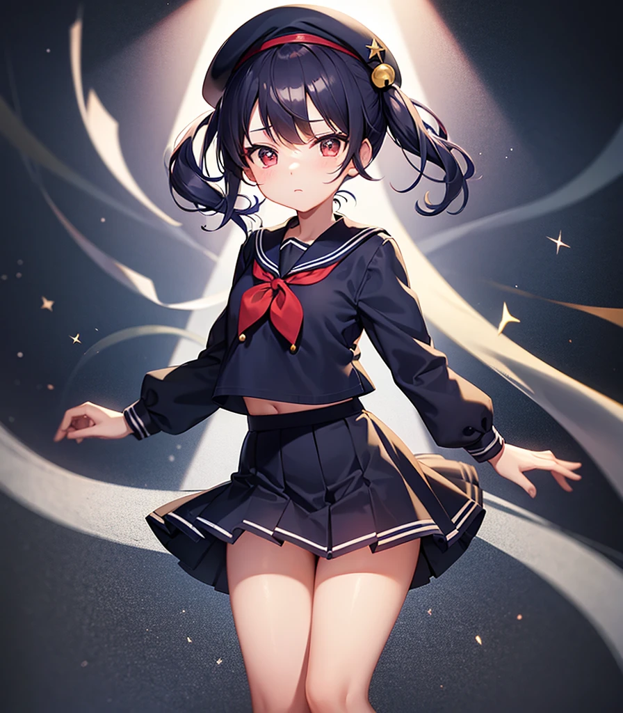 (Sailor suit),(((Navy Mini Skirt))),(Red Beret),,Cute little loli,Tiny Lori,Small girl,,Childish face, Very fine clean face,Top quality, Big eyes,Straight Hair,Yellow hair,Crimson Eye,(Dark Room), Subtle light, Natural light,Soft lighting,Light from directly behind, (Are standing), Cute pose, (Open your hands), Showing the whole body,Front view,Black background