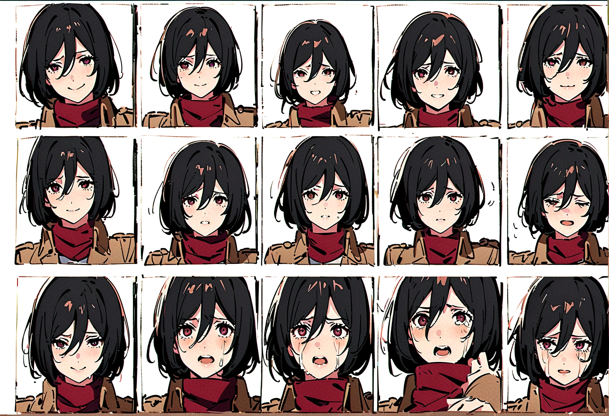 Mikasa Ackerman,Three-quarters view from the right,Gray background,Facial expression expressions,the same person,9 facial expressions,grid,微lol,lol,cry,tired,狡黠的假lol,Shy,Bad temper,surprise,Fear,rest, T 恤,best quality,masterpiece,Very detailed,Very detailed,8K