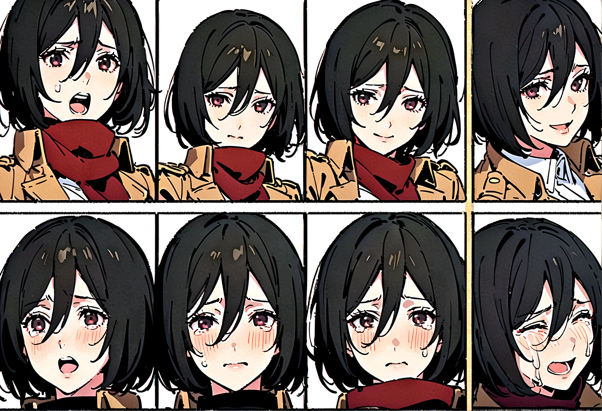 Mikasa Ackerman,Off-white background,Facial expression expressions,the same person,4 facial expressions,grid,Smile,cry,Shy,surprise,Fear, Brown military uniform, red scarf, best quality,masterpiece,Very detailed,Very detailed,8K