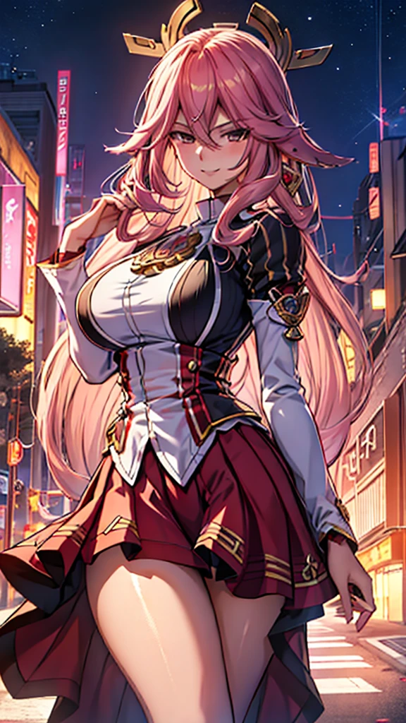 Highly detailed, anime, 1 girl, yae miko's hairstyle, citrine colored hair, Carmine eyes, smiling, busty, gorgeous plump body,  Elizabeth Mably's clothes, Elizabeth Mably's skirt, background night city