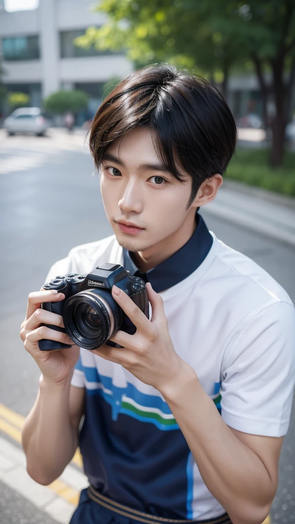 Portrait of a cute Korean man holding a camera 