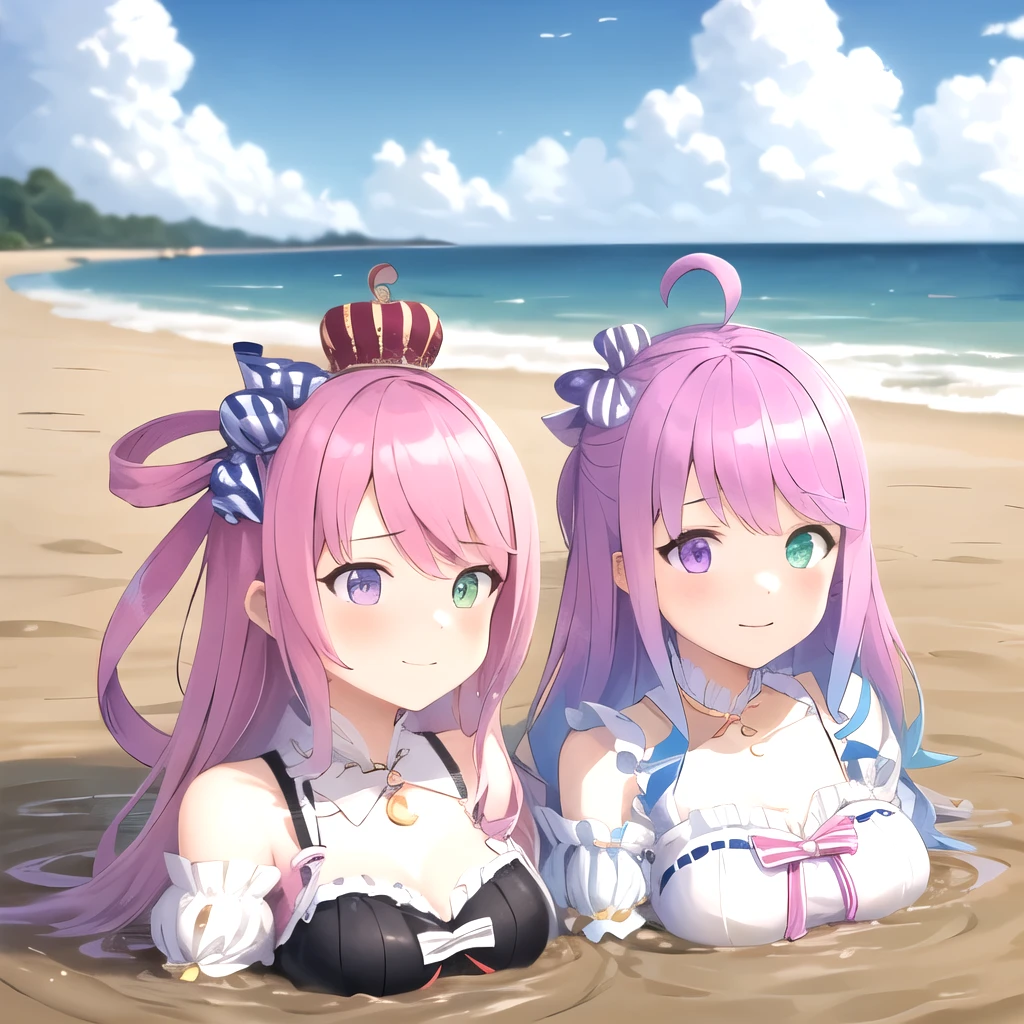 2girls,(detailed_face:1.4), partially submerged, mud, character,Himemori Luna (5 Outfits) | Hololive | [Pony XL],purple eye, green eye, girls stuck, girls drowning, (big breast) , crowded,beach, long hair