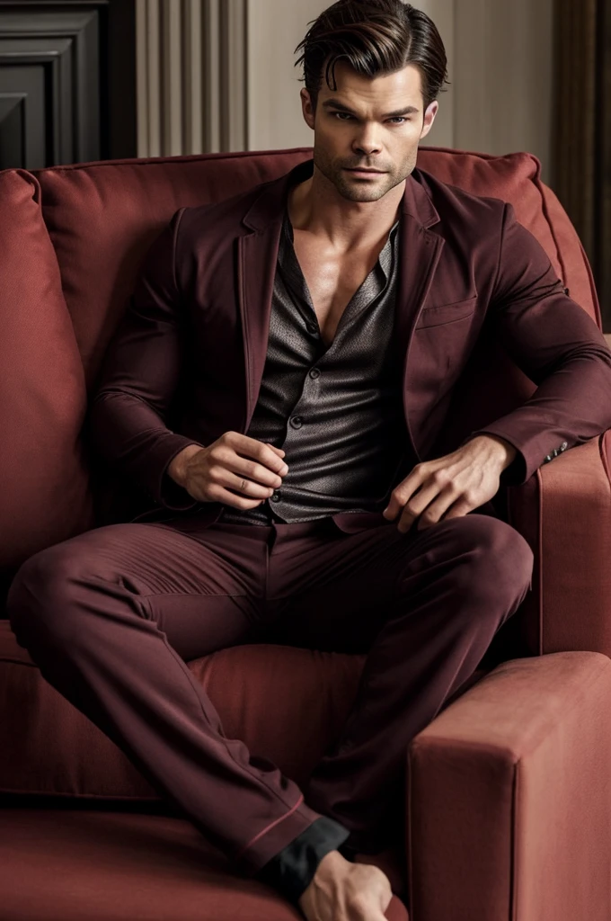 Hyperrealistic photograph of the real Daniel Gillies from The Originals, with exact features to Elijah Mikaelson, sitting on a sofa, wear pajama pants, he doesn't have a shirt, his torso is exposed, while there is a cat lying on his lap.