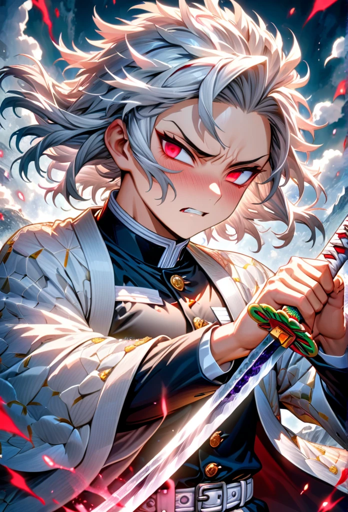 Ultra detailed, highres, absurdres, HDR, master piece, anime men, pretty boy, white hair with one single red streak, expressive red eyes, white haori, black demon slayer uniform, Kimetsu No Yaiba, fantasy, golden details, white flowers, handsome, sexy men grabbing a sword, solo, magic, shining golden and angelic details, white moon, best quality, extremely detailed face and eyes, blood, grabbing a sword, fighting, deep and calm face expression, angel power, golden details of power, white sword 