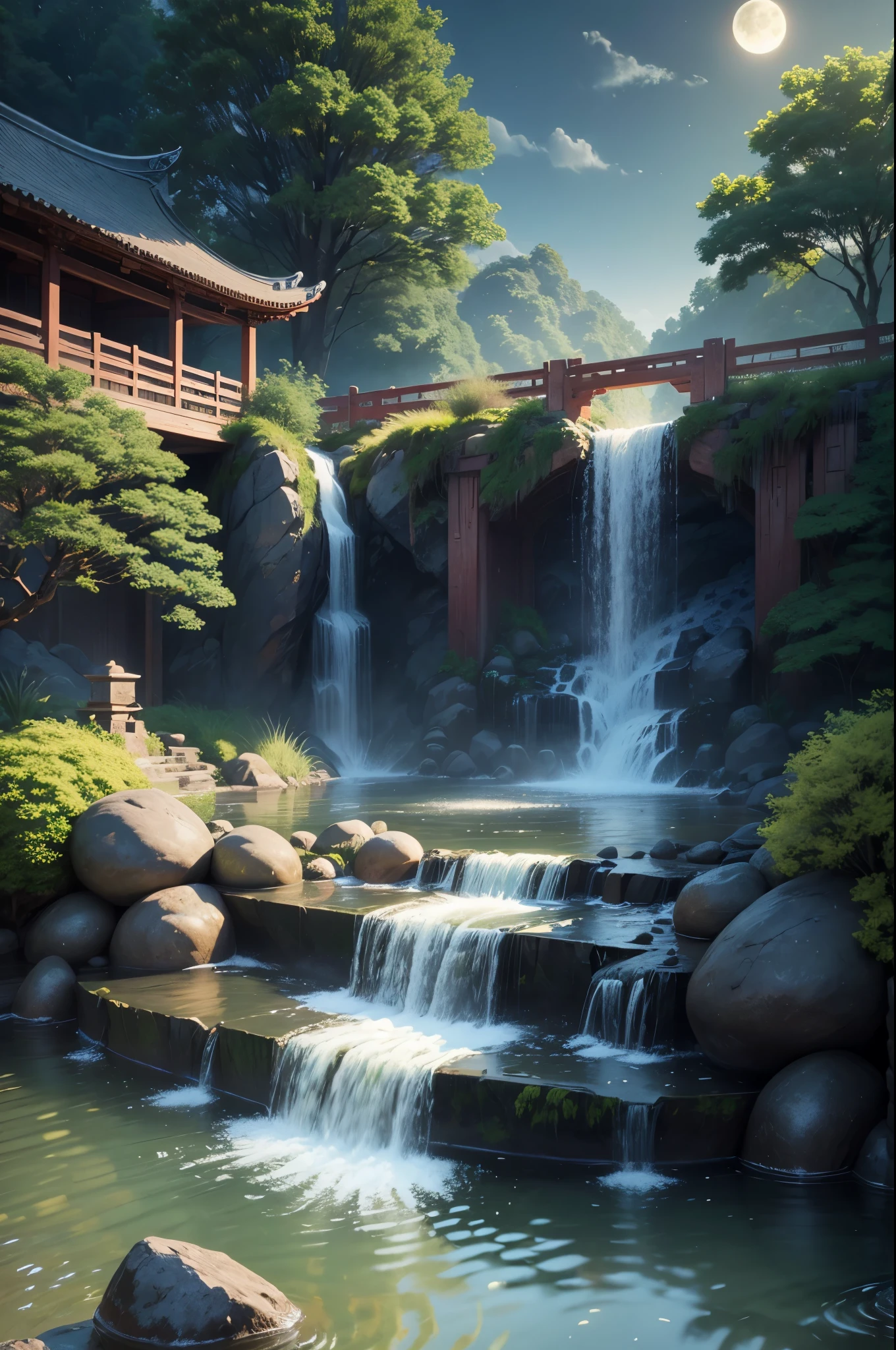 Ancient Chinese archwayitecture, moon, midnight, garden, bamboo, lake, stone bridge, rockery, archway, Corners, wood, water flowing, landscape, outdoor, waterfall, Grass, rock, water lily, hot spring, water vapor, (figure: 1.0), magnificent composition, realistic lighting, HD details, masterpiece, highest quality, (Highly detailed CG unity 8k) - At six o'clock