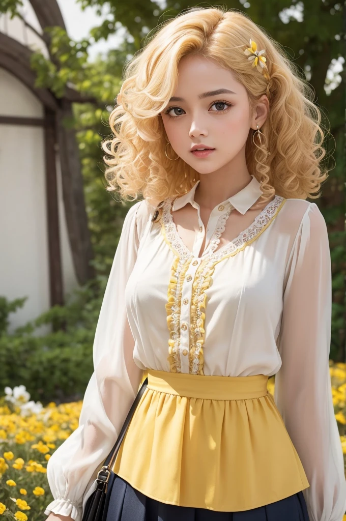 Create a fun movie emotion for me with skin-colored yellow curly hair and a cold blouse with little flowers