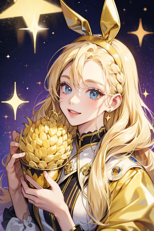 M.C. Hippity Hop has blonde hair and a cornrows. SPARKLE; GLITTER