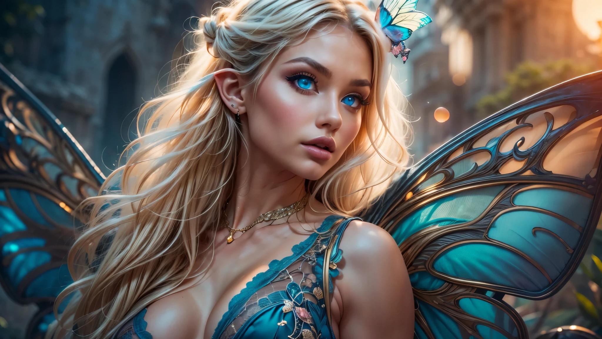 Beautiful, Amazing face and eyes, makeup, (extremely detailed beautiful face), Blonde, (sexiest look), (Beautiful breasts:1.3), (Best Quality:1.4), (Ultra-detailed), (extremely detailed CG unified 8k wallpaper), Highly detailed, RAW Photos, Professional Photography, (silk see through lace:1.3), full body, front view, one point perspective, sitting, (Spread your legs), (:1.4), plein air, Illumination, (Super fancy photos:1.4), (Dazzling light), Radiant Photography, depth of fields, (Glowing blue eyes), (realistic elf ear), (castle, fantasy setting), ((orbs)), massive butterfly wings, flowing butterfly wings, 