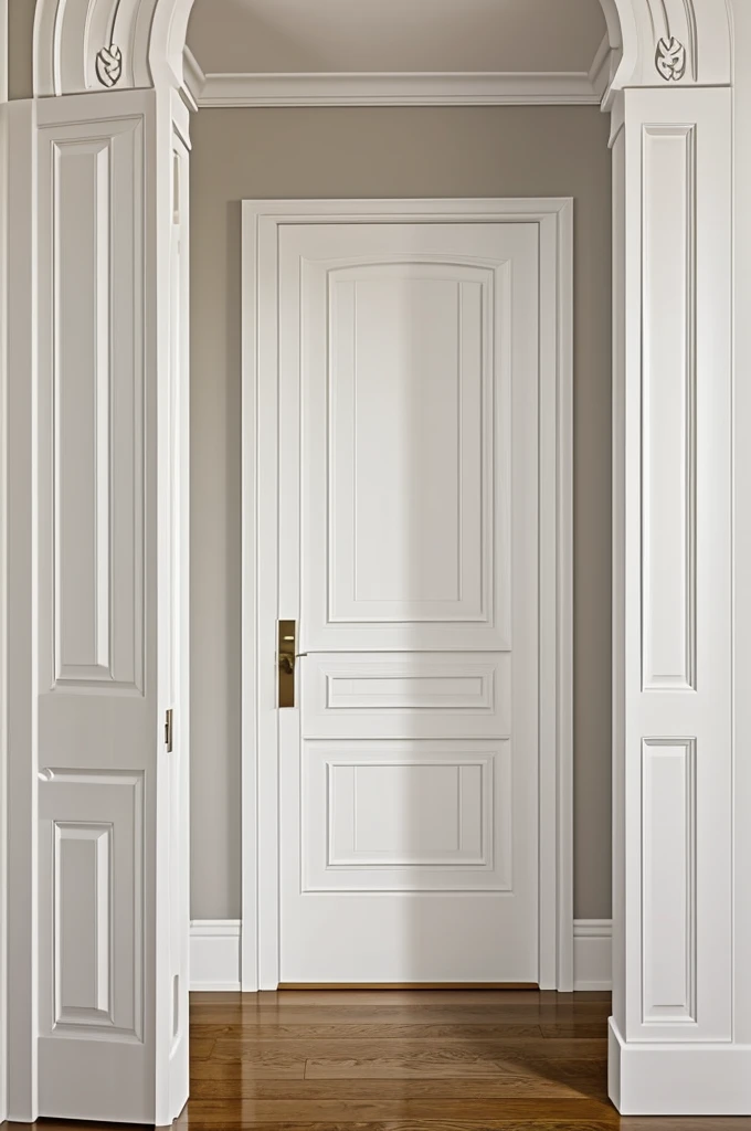 White wooden door with ostentatious-looking moldings and bezels