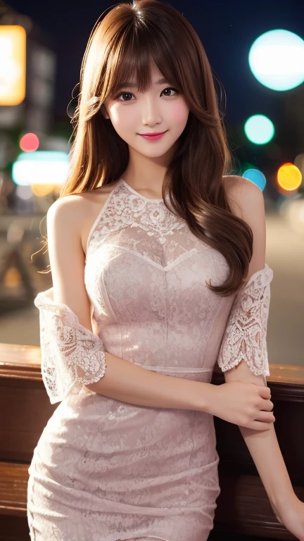 Highest quality、8k wallpaper、Reality:1.4、Photographed by a professional photographer、Cinema Lighting、View your viewers、background:Night view spot、1 beautiful girl、Japanese Idol、30 years old、Beautifully detailed eyes、Detailed face、Beautiful Skin、Slender、Slim waist、Thin legs、Red lipstick、Light Hair:1.8、Blonde: 1.8、Fancy hairstyle:1.8、Asymmetrical bangs、lace fabric dresses 、smile:1.8、Seductive pose
