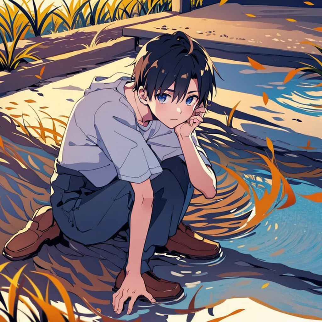 A boy sitting in a rice field