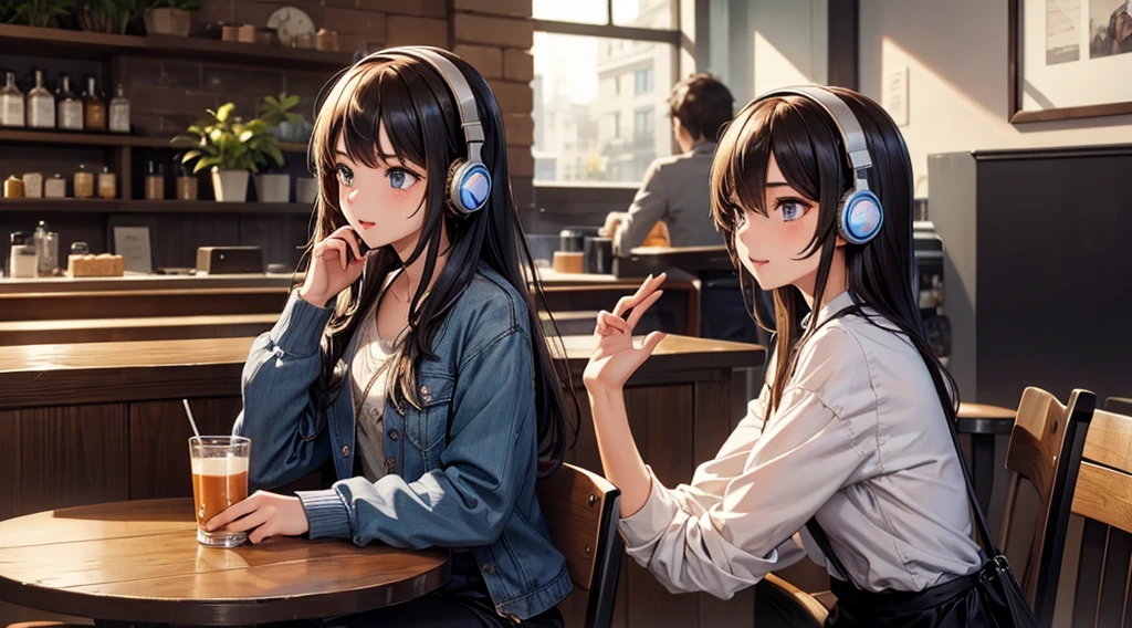 Girl with headphones enjoying music in a cafe　I am studying　Emphasize a little bit of the chest