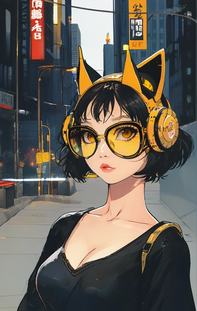 Anime girl wearing sunglasses in her hair, Guweiz style artwork, Digital illustration style, Anime style illustration, Anime style 4k, yellow-eyed, with glowing eyes, Beautiful young catwoman, style of anime. 8K, cat woman, by Qu Leilei, author：Hero, persona 5 art style wlop