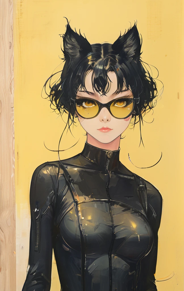 Anime girl wearing sunglasses in her hair, Guweiz style artwork, Digital illustration style, Anime style illustration, Anime style 4k, yellow-eyed, with glowing eyes, Beautiful young catwoman, style of anime. 8K, cat woman, by Qu Leilei, author:Hero, persona 5 art style wlop