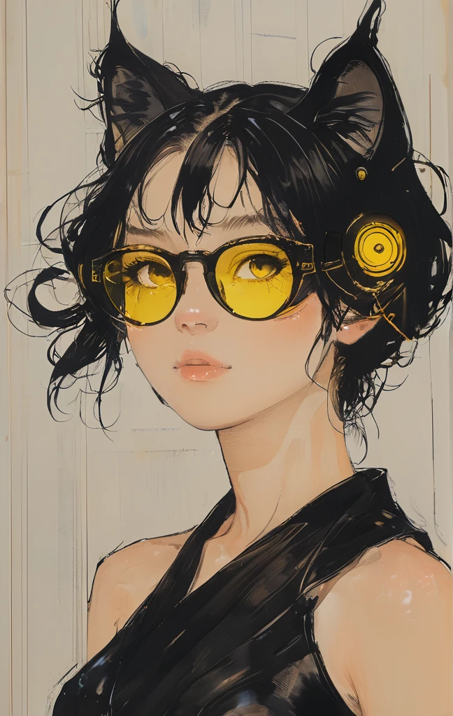 Anime girl wearing sunglasses in her hair, Guweiz style artwork, Digital illustration style, Anime style illustration, Anime style 4k, yellow-eyed, with glowing eyes, Beautiful young catwoman, style of anime. 8K, cat woman, by Qu Leilei, author：Hero, persona 5 art style wlop