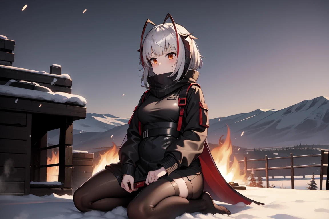 1girl, w_arknights, black clothes red parts, tall, teenager, sitting on steel boxes, snowy plains, campfire, snow