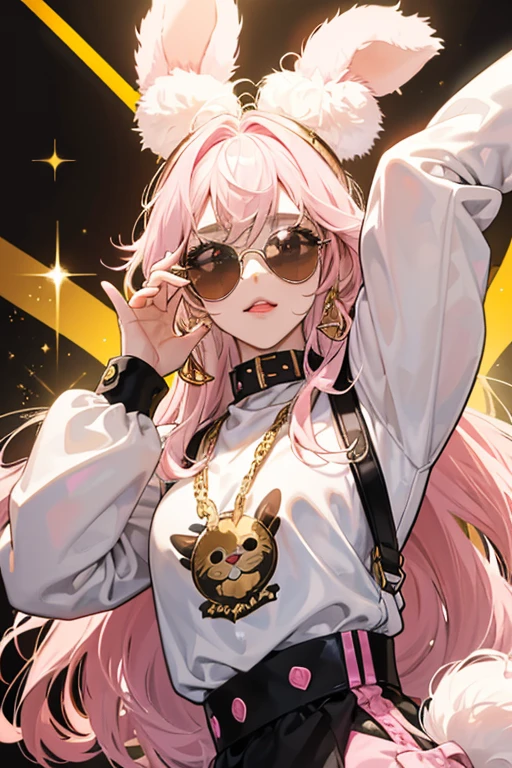 D.J. Bounce is a brown and white girl bunny with small black ears and a swirl of light pink hair. She also has gold rimmed sunglasses with a gold chain on the top that are tinted pink, and a black silver-studded collar. Her tail is pink and fluffy. SPARKLE; GLITTER