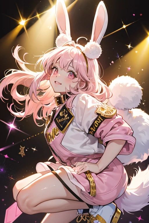 D.J. Bounce is a brown and white girl bunny with small black ears and a swirl of light pink hair. She also has gold rimmed sunglasses with a gold chain on the top that are tinted pink, and a black silver-studded collar. Her tail is pink and fluffy. SPARKLE; GLITTER
