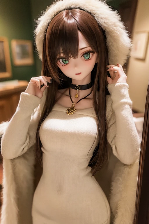 (SFW:2), photorealistic, realistic photo, ((highest quality)), ((masterpiece)), (extremely detailed), kukolnydom, doll, (mature woman, 22yo, 22 years old:1.6), solo, ((cowboy shot, dynamic pose)), (skinny, slender, slim, parted lips), green eyes, brown hair, (looking at another, gradient eyes, shining eyes, detailed eyes, detailed face:1.3), casual fashion, choker, museum, 8k