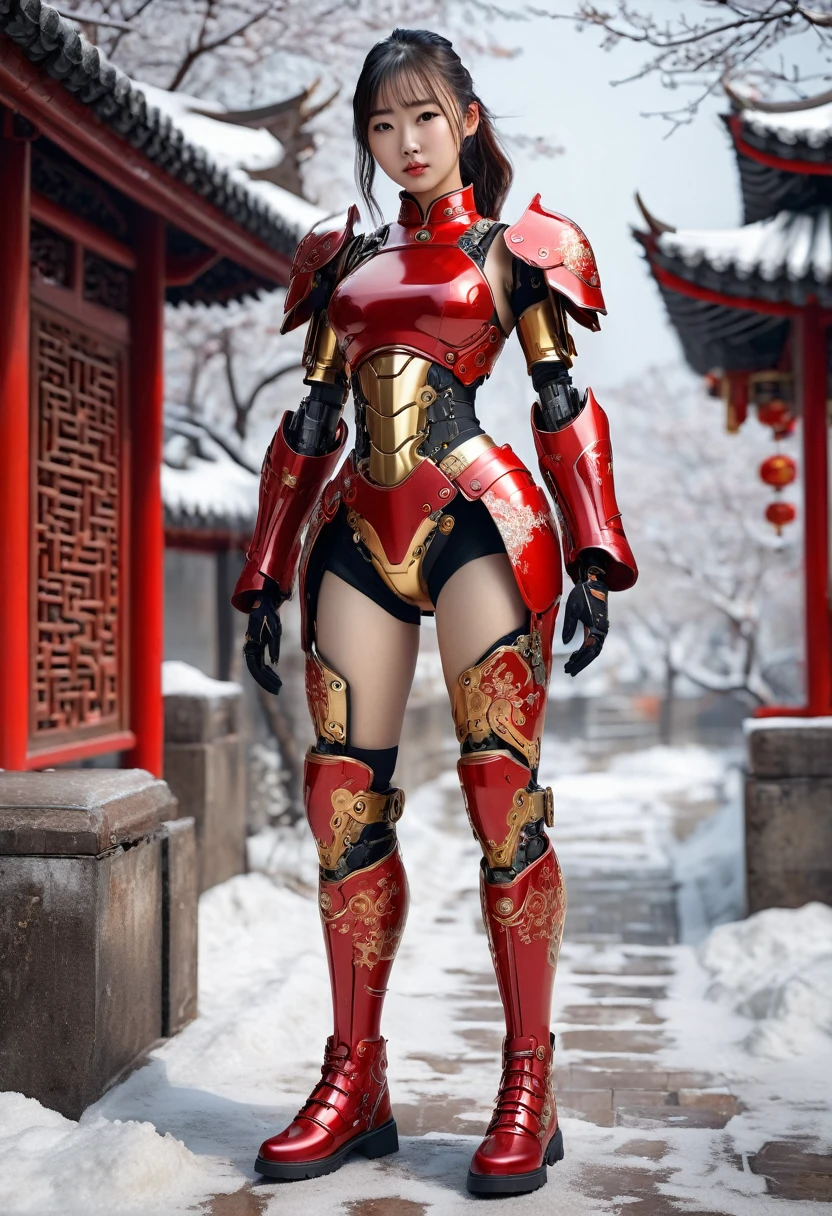 (((full body photo))) A portrait of a girl, costume semi cyborg Red combbination gold iron full body, middle , texture skin breaststic, thight skin texture realistic, boots iron shoes, chinese style, typing art background, realist style, reality, photo, skin texture,dermatoglyphy,full body,snowscape,