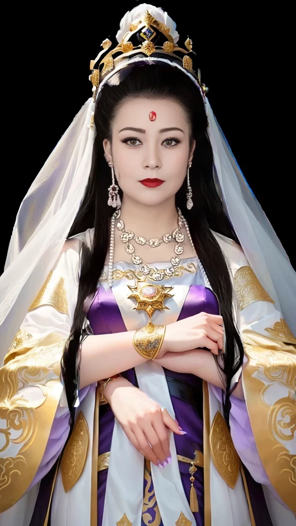 Close-up of woman wearing purple dress and black dress, Wearing a golden crown，Dressed in white veil，A young woman plays, Queen of the Sea Mu Yanling, Inspired by Huang Ji, Inspired by Lv Ji, Chinese Queen, Chinese Princess, Inspired by trees, Kazakh Queen, Inspired by Zhang Yin, Inspired by Li Tang