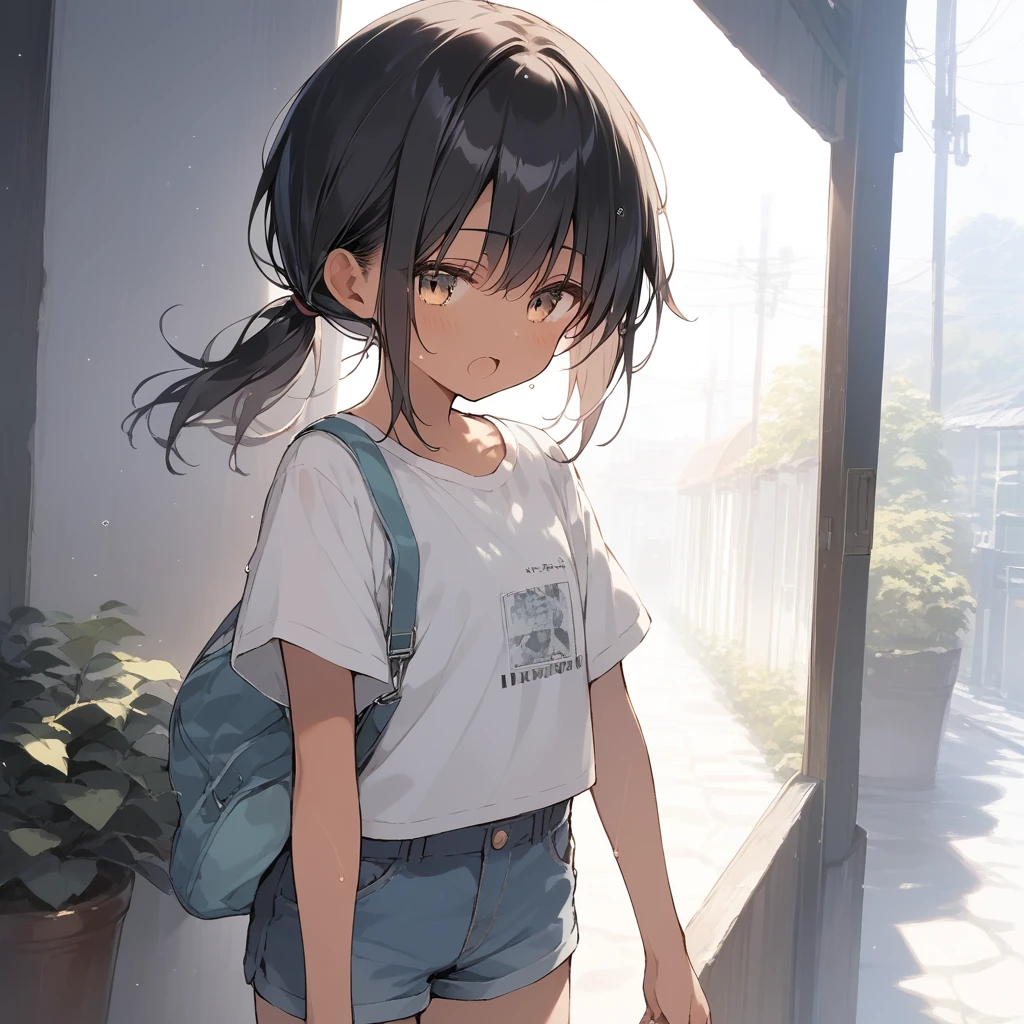 score_9, score_8_up, score_7_up, source_anime, best quality, masterpiece, official art, absurdres, highres, ultra-detailed,waifu2x,Collection: Slice of Life,break,1girl, tomboy, dark-skinned female, short hair, low ponytail, flat chest, beautiful detailed eyes, short shorts, sweat, open mouth, (yawn:0.3), sleepily, outdoors, wind, break,(clear line illustration:1.2),very high resolution, very aesthetic, super detailed skin, Best sexual lighting powered by famous artist, 8k,cute picture,beauty illustration,photoshop_(medium),,(Detailed Lighting),best anime 8k konachan wallpaper, pixiv contest winner,