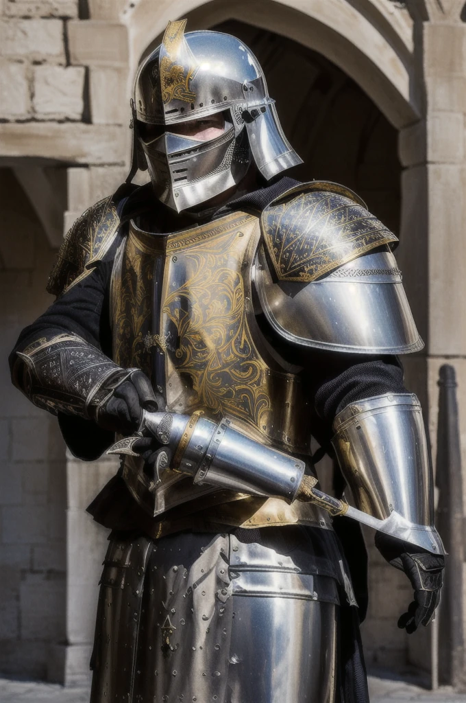 man in armor, using silver metal mask, ornate mask with gold details, crusader armor, black main color armor, gold and silver secondary colors, female medieval knight, medieval warrior, gentleman portrait, Lt. Tadeusz Pruszkówski, Lt. Ludwik Konarzewski, Fully clad in armor, Medieval crusader saint, by Roman Bezpalkiv, Lt. Eugeniusz Zak