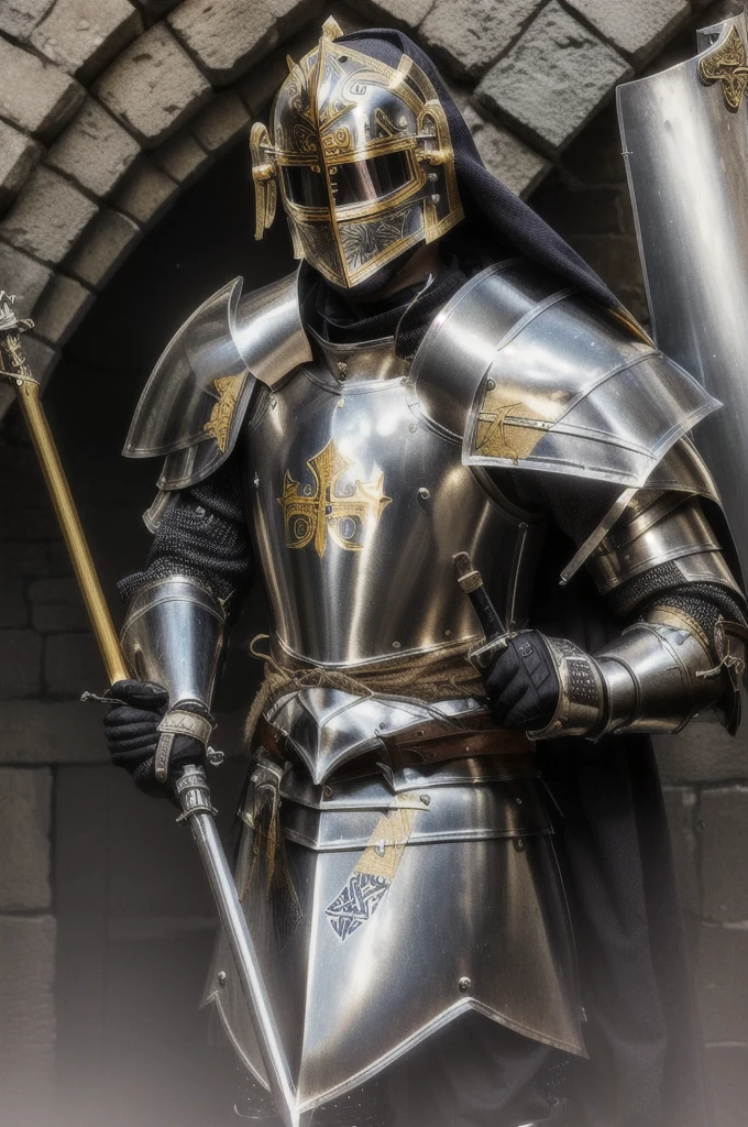 man in armor, using silver metal mask, ornate mask with gold details, crusader armor, black main color armor, gold and silver secondary colors, female medieval knight, medieval warrior, gentleman portrait, Lt. Tadeusz Pruszkówski, Lt. Ludwik Konarzewski, Fully clad in armor, Medieval crusader saint, by Roman Bezpalkiv, Lt. Eugeniusz Zak