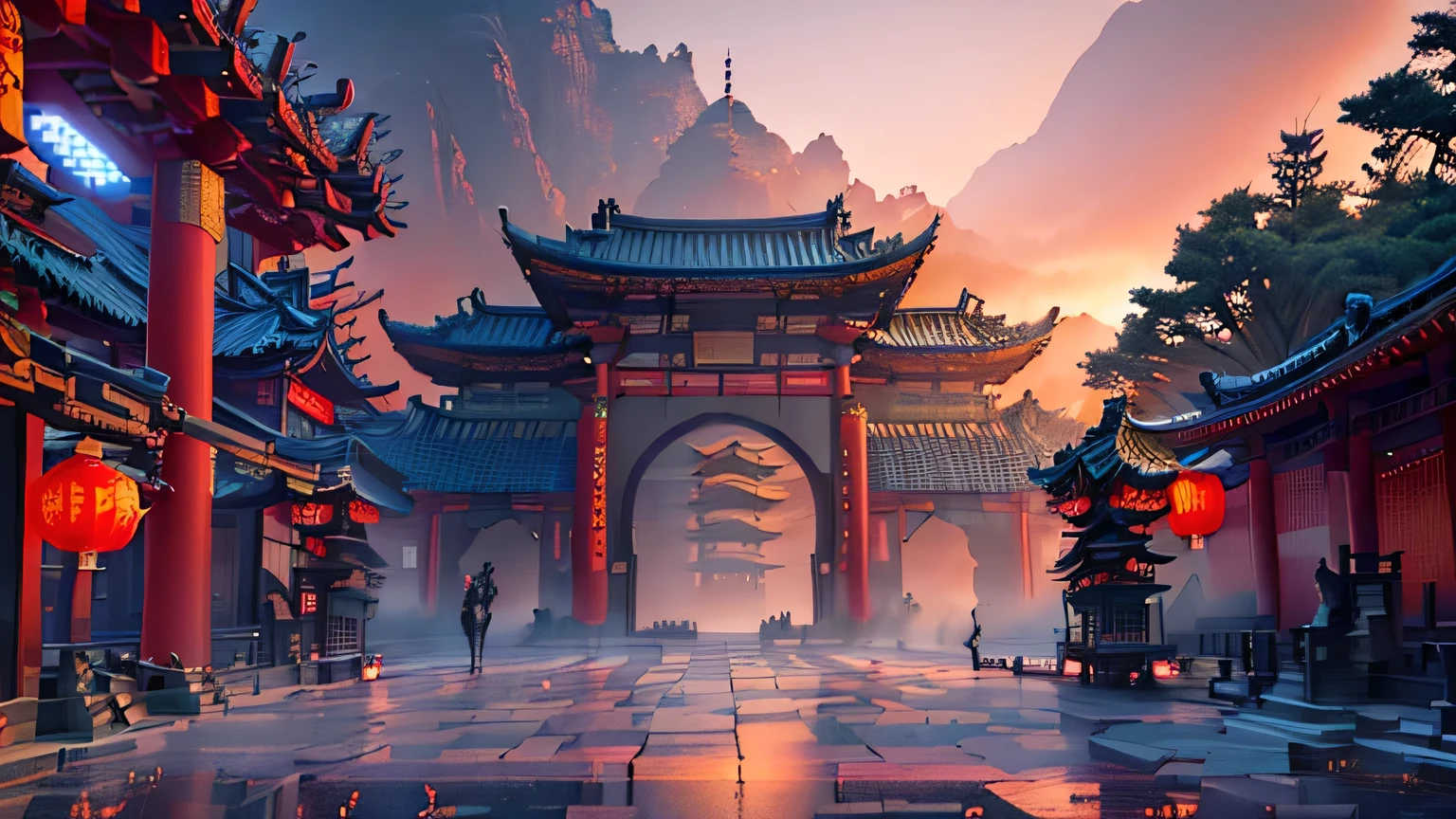 There is a large arch in the middle of the courtyard, Cyberpunk Chinese Ancient Castle, Cyberpunk Japanese Temple, Detailed movie rendering, fantasy style 8 k octane render, Cyberpunk 8k resolution, Cryengine 8K rendering, Unreal 6 Breathtaking Details, Beautiful rendering of the Tang Dynasty, Dreamy Chinatown, 8K CG Rendering, Very detailed, mysterious temple setting