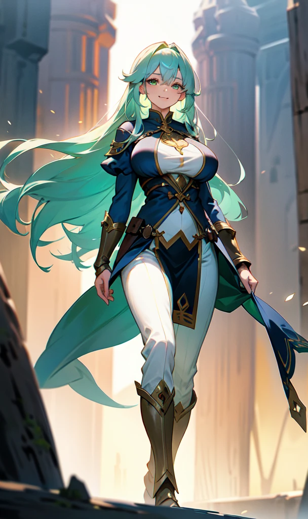 Older woman with big breasts wearing a fantasy world outfit while standing with a slight smile walking with light green eyes and long dark blue hair covering her right eye