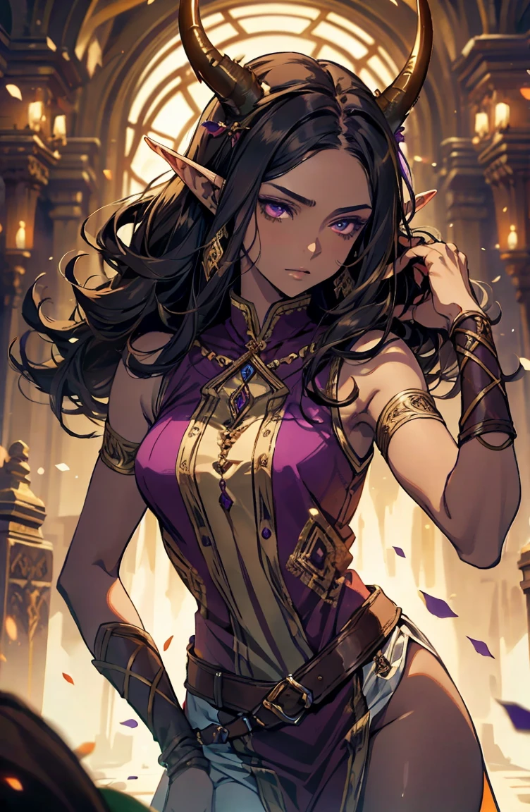 brown skin, older woman, sexy, tall, brown skin, one wing, black hair, elf, elf ears, horns, sleeveless, purple