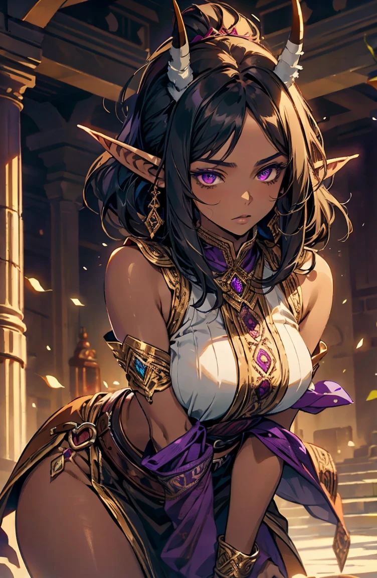 brown skin, older woman, sexy, tall, brown skin, one wing, black hair, elf, elf ears, horns, sleeveless, purple