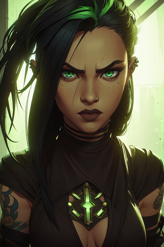 1girl, black hair and phospor green underlights, green eyes, has tattoos, piercings, light skin but not that light, long hair gothic dark style punk diesel, just her face
