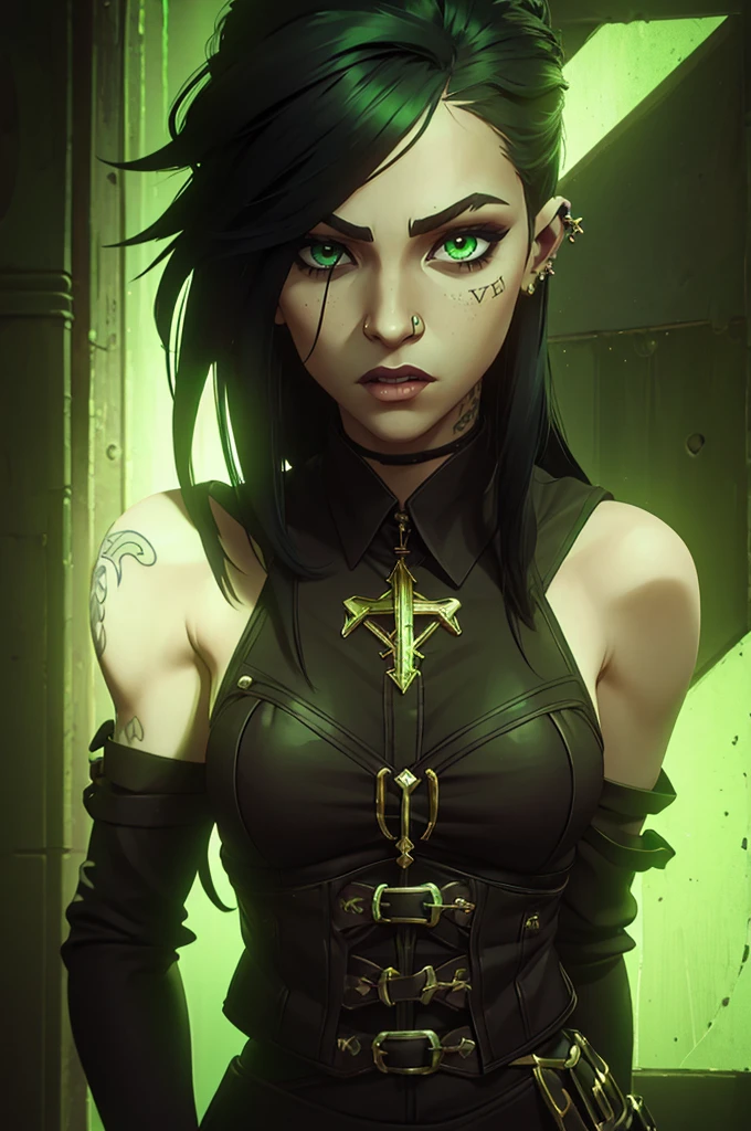 1girl, black hair and phospor green underlights, green eyes, has tattoos, piercings, light skin but not that light, long hair gothic dark style punk diesel, just her face