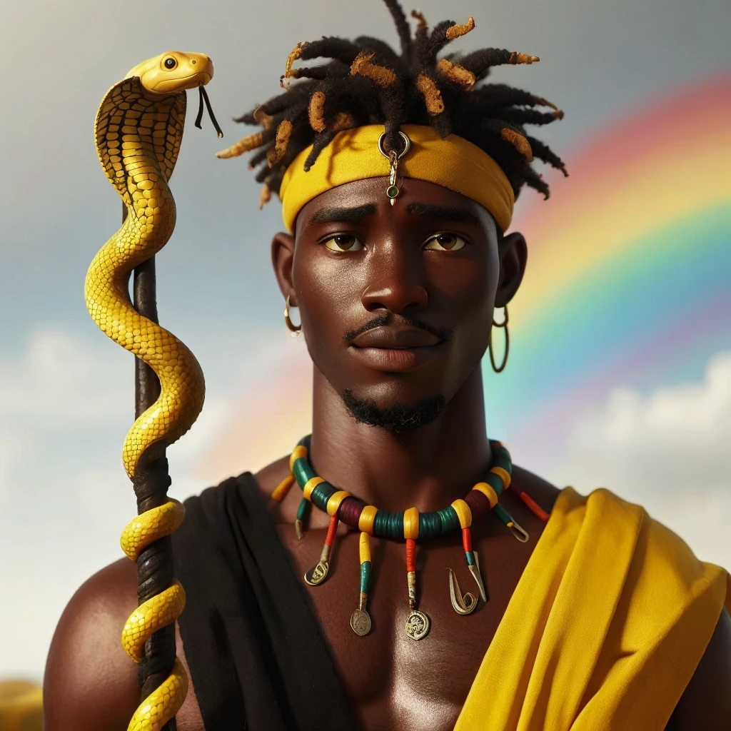 African man in yellow and black robes next to a yellow snake.