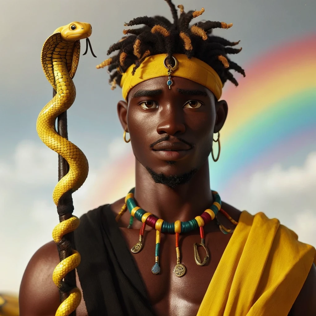 African man in yellow and black robes next to a yellow snake.