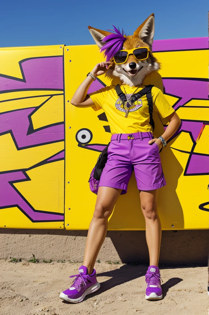A Cartoon Style coyote wearing yellow sunglases Aand wearin only purple bermuda shorts