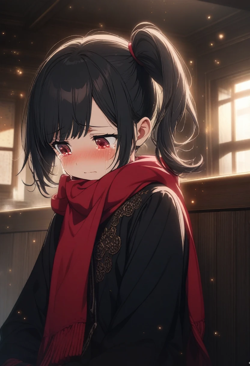1girl momose \(oqo\), official art, sitting, crying, tears streaming, black coat, red scarf, black hair, side_ponytail, red eyes, (very aesthetic, best quality, ultra detailed), intricate details, highres, indoors, light particles, looking down