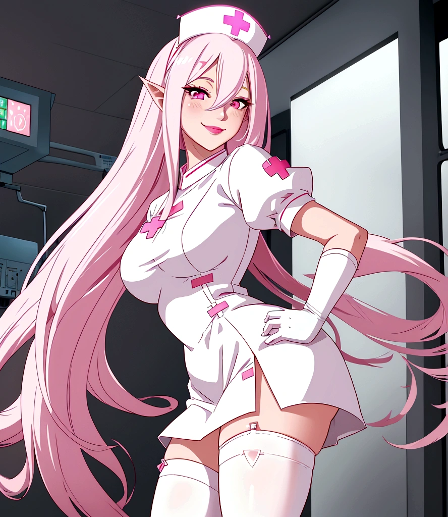 1womanl, nurse, nurse cap, White tableware, ((white legwear, zettai ryouiki)), white gloves, Long hair, rose hair,pink fox ears, pink eyes, pink lipsticks, Smile, Standing, ((Hospital ward)), sharp outline, short sleeves, Mature female, 35 years old, Best Quality, masutepiece