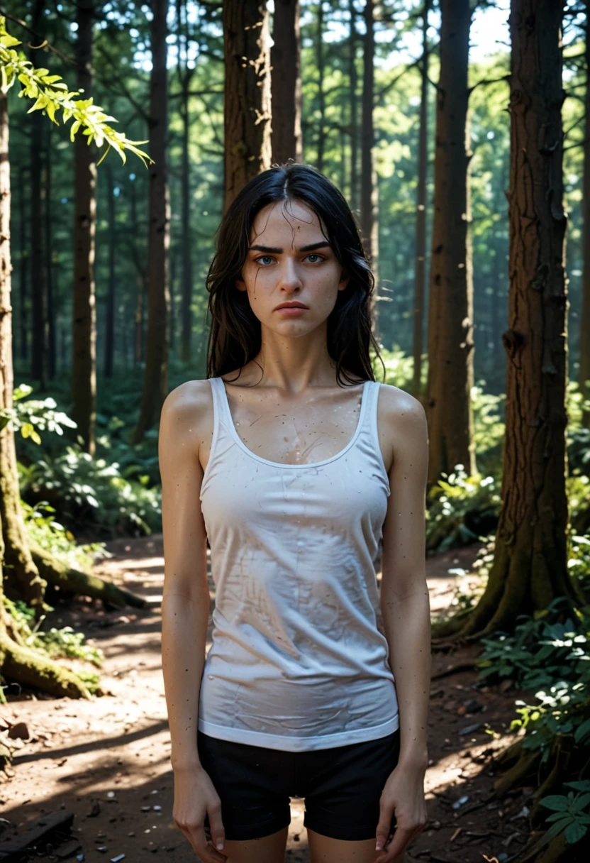 score_9,score_8_up,score_7_up,fine details in everything, blue eyes, look of disgust, porcelain like skin, wet skin, white tank top, (straight hair:1.4), long hair, black hair, (shadows:1.4), (forest:1.4)