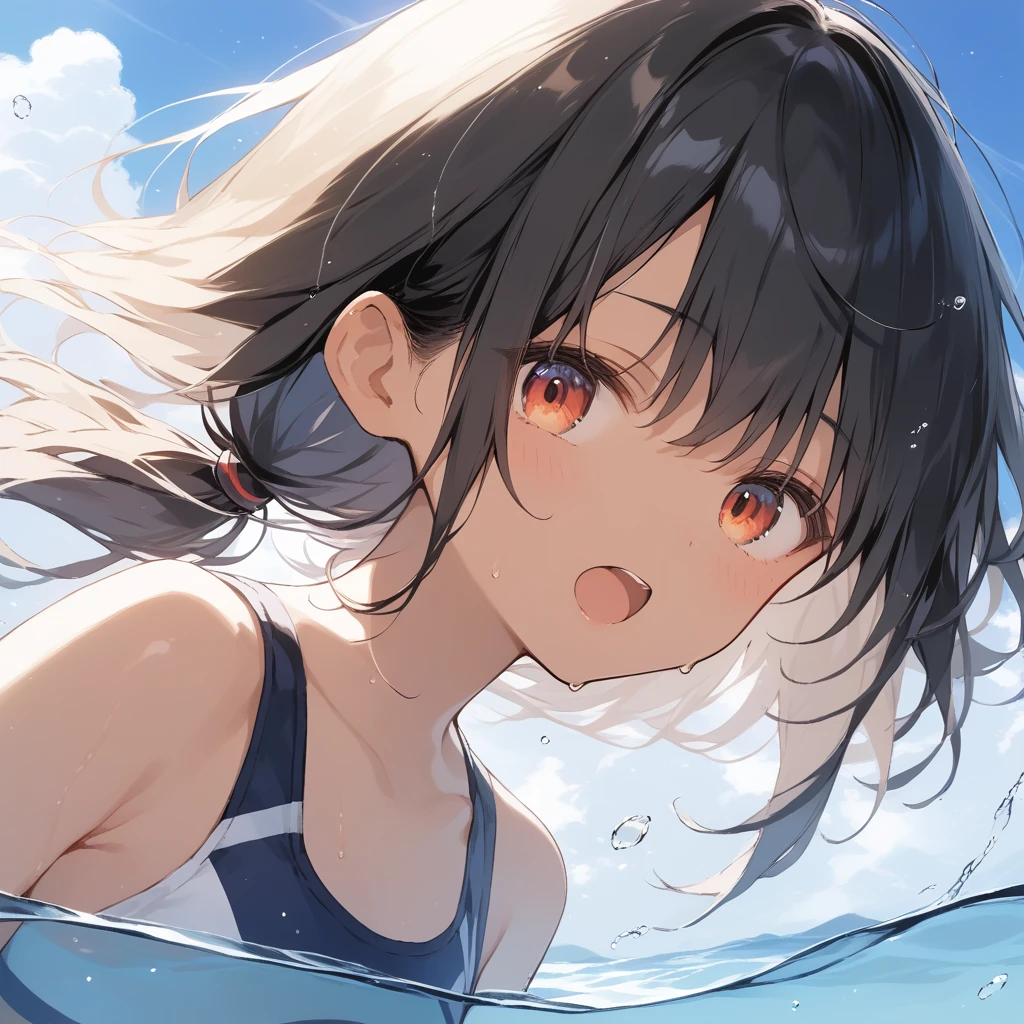 score_9, score_8_up, score_7_up, source_anime, best quality, masterpiece, official art, absurdres, highres, ultra-detailed,waifu2x,Collection: Slice of Life,break,1girl, tomboy, dark-skinned female, short hair, low ponytail, flat chest, beautiful detailed eyes, swimsuit, sweat, open mouth, (yawn:0.3), sleepily, swimming, outdoors, wind, break,(clear line illustration:1.2),very high resolution, very aesthetic, super detailed skin, Best sexual lighting powered by famous artist, 8k,cute picture,beauty illustration,photoshop_(medium),,(Detailed Lighting),best anime 8k konachan wallpaper, pixiv contest winner, 