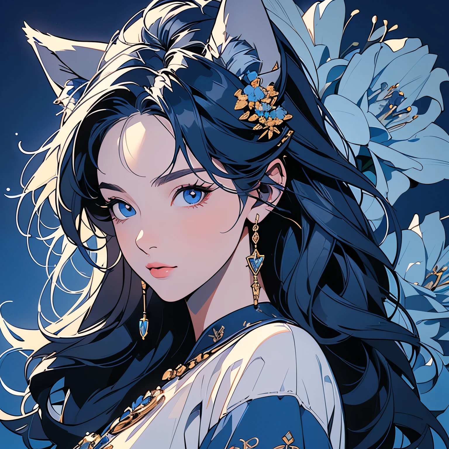 1 wolf, (((logo))), background white only, (((emblem))), 32k, ultra detailed, frame, blue, (((1 woman and wolf))), sparkling eyes, corporate logo, golden, panoramic, long shot, front, (((perfect detailed blue flowers))), perfect wolf, ultra detailed wolf, top quality, masterpiece,cowboy shot