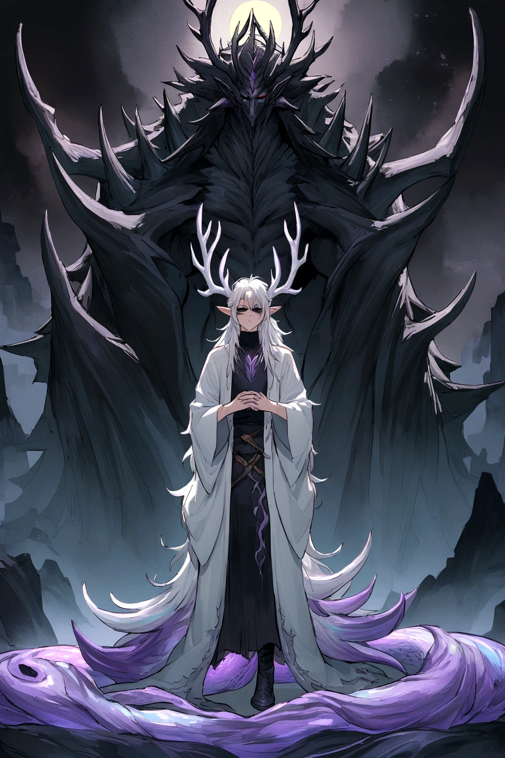 Solo, male , Character fusion: Nibelung fused with nidhoggr, odin and sun wukong, tall tanned man with wild unruly white hair, bangs on face, bangs, ((iridescent irises)), black sclera on eyes, long voluminous hair, spiky hair, pointy ears, fit , clawed fingers, dragon tail, open haori, turtleneck tanktop, dark crystal antlers, exhausted expression, khaenr'ah abyss, draconic person, s9vereign of the abyss, calamity incarnate, full body