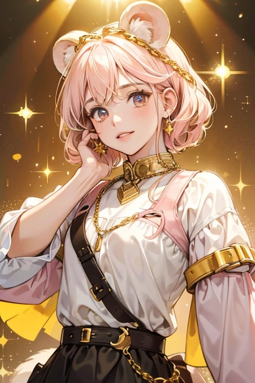 D.J. Hammy is a brown and white girl hamster with a small light pink swirl of hair, a gold , and a gold chain harness.  SPARKLE; GLITTER